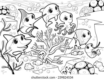 Funny marine animals under the sea. Cartoon vector illustration in black and white.