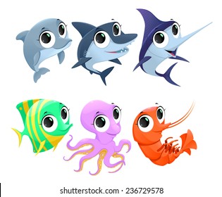 Funny marine animals. Vector cartoon isolated characters.