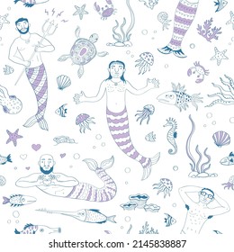 Funny marine cartoon pattern with mermaid men and fish. 