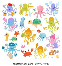 Funny Marine and Sea Animals with Octopus, Crab, Fish and Jellyfish Floating Underwater Vector Set