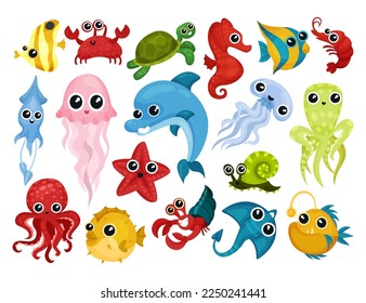 Funny Marine and Sea Animals with Octopus, Crab, Fish and Jellyfish Floating Underwater Vector Set