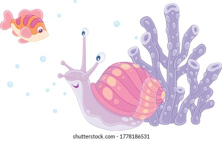 Funny marine snail and a small cheerful fish swimming among colorful corals of an amazing tropical reef in a southern sea, vector cartoon illustration on a white background