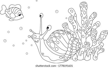 Funny marine snail and a small cheerful fish swimming among quaint corals on an amazing tropical reef in a southern sea, black and white outline vector cartoon illustration