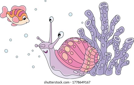 Funny marine snail and a small cheerful fish swimming among colorful corals of an amazing tropical reef in a southern sea, vector cartoon illustration on a white background