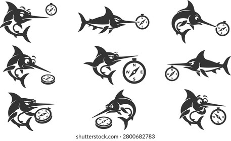 Funny marlin fish silhouette set holding navigational compasses for tracking direction in the vast open ocean