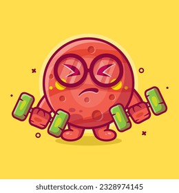 funny Mars planet character mascot doing bodybuilding using dumbbell isolated cartoon in flat style design
