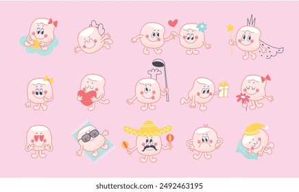 Personajes divertidos de malvavisco. Caricatura malvaviscos niña niño diferentes expresiones. Chef, princesa y ángel volador con alas, hoy en día Clipart de Vector