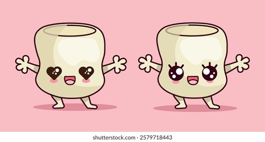 Funny marshmallow characters laughing Cute vector illustration in kawaii style.