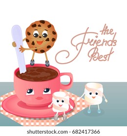 A funny Marshmallow and a chocolate chip cookie with a spoon shakes the coffee in the cup. Greeting card to the Day of Friendship. Best friends hand lettering