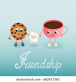 A funny Marshmallow and a chocolate chip cookie with a coffee cup. Greeting card to the Friends Day. Friendship hand lettering