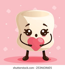 El malvavisco divertido tiene un corazón rojo en sus manos. Diseño de personajes de malvavisco para el día de San Valentín. Vector de malvavisco sobre fondo rosa