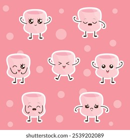  Funny marshmallow sticker set in kawaii style.Vector isolated illustration