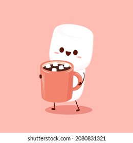 Funny Marshmallows characters  and cup of coffee. Marshmallows character design. Dessert cartoon.