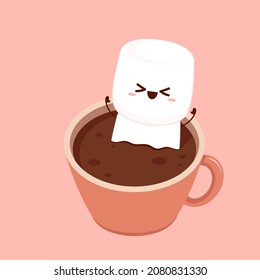 Funny Marshmallows characters  and cup of coffee. Marshmallows character design. Dessert cartoon.