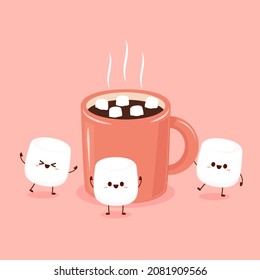 Funny Marshmallows characters  and cup of coffee. Marshmallows character design. Dessert cartoon.