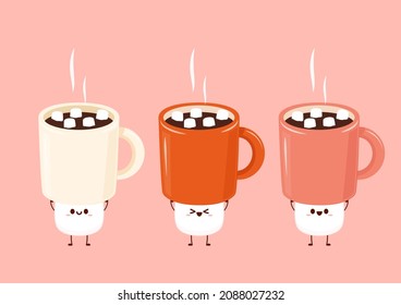 Funny Marshmallows characters  and cup of coffee. Marshmallows character design. Dessert cartoon.