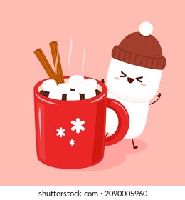 Funny Marshmallows characters  and cup of coffee. Marshmallows character design. Dessert cartoon. Red cup with muffin, cinnamon and Marshmallows.