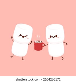 Funny Marshmallows characters  and cup of coffee. Marshmallows character design. Dessert cartoon.