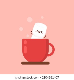 Funny Marshmallows characters  and cup of coffee. Marshmallows character design. Dessert cartoon.