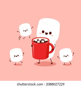 Graciosos personajes de la marisma y taza de café. Diseño de carácter de malvaviscos. Caricatura del postre.