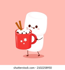 Funny Marshmallows characters  and hot chocolate with marshmallows. Marshmallows character design. Dessert cartoon. Red cup with muffin, cinnamon and Marshmallows.