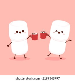 Personajes divertidos de los Marshmallow y chocolate caliente con malvaviscos. Diseño de carácter de malvaviscos. Caricatura del postre. Tasa roja con muffin.