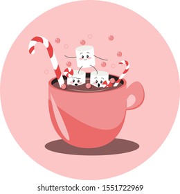 
Funny marshmallows in coffee. Marshmallows in cocoa. Lollipop.