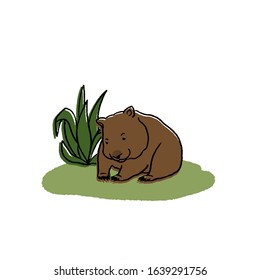 Funny marsupial wombat with background landscape design. Cute vector illustration with an Australian animal. For textiles, cards, posters and other design.