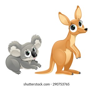 Funny marsupials, koala and kangaroo. Vector cartoon isolated characters.