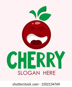 Funny mascot bright sticker, emblem and logo for cherry bery fresh juice. For cafe, bar, club, grocery store, package, price tag.