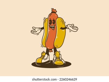 Funny mascot character design of standing hotdog in yellow and red color