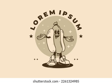 Funny mascot character design of standing hotdog badge