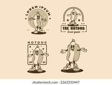 Gracioso diseño de personajes de mascota de la insignia de hotdog de pie