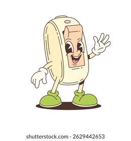 Funny mascot character illustrated as an electric light switch with a smiling face, big eyes, gloves, and green shoes. Suitable for creative designs and energy themes. Vector illustration