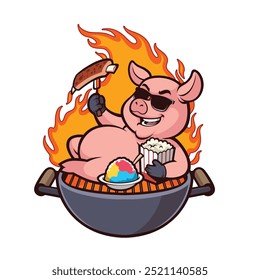 Funny Mascot design of a pig lying down on a BBQ grill