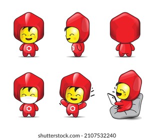 Funny Mascot with hexagon hood costume in red color. Character with 6 poses vector illustration.