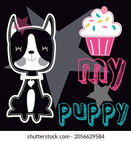 funny mascot, muffin, text and stars background