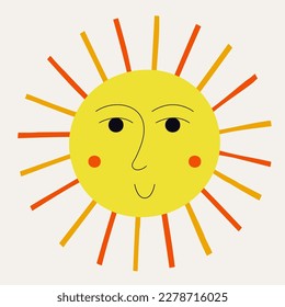 Funny mascot, sunny face. Drawing character, yellow sun cheerful. Cute avatar, chat icon, Head figure. Isolated on white
