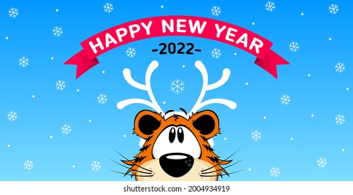Funny mask with Christmas deer antlers on the head of a cartoon tiger on a blue background with white snowflakes. Happy new year banner