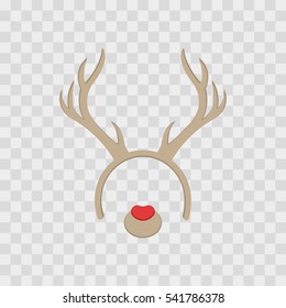 Funny Mask With Christmas Reindeer Horns Isolated On Transparent Checkered, Vector Illustration. Cartoon Cute Headband With Ears