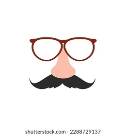 Funny mask elements with nose, glasses and moustaches, flat cartoon vector illustration isolated on white background. Nose and moustache carnival mask.