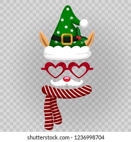 Funny mask with Elf (Chirstmas theme) isolated on transparent. Christmas and New Year photo booth party. Vector illustration