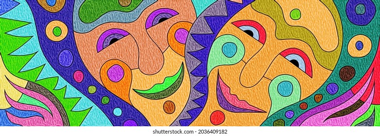 Funny masks, abstract people, clowns. Bright vector banner.