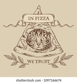 Funny masonic symbol with pizza and cat. Vector template for t-shirt print, sticker, greeting card and other designs