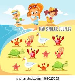 Funny match-up game for preschool kids education. Find six pairs of cute beach inhabitants.Visual puzzle to match.Kids game design ready template. Vector illustration