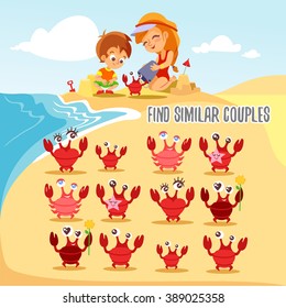 Funny Match-up Game For Preschool Kids Education. Find Six Pairs Of Cute Cartoon Crabs.Visual Puzzle To Match.Kids Game Design Ready Template. Vector Illustration