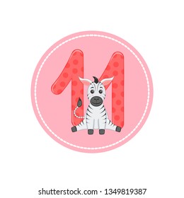 Funny math, counting, number "11" with Zebra, vector graphics.