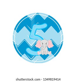 Funny math, counting, number" 5 " with an elephant, vector graphics.