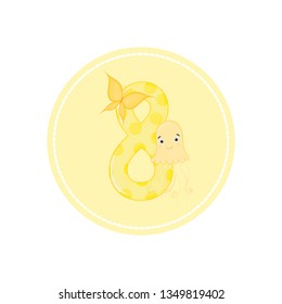 Funny math, score, number " 8 " with jellyfish, vector graphics.