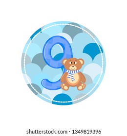 Funny math, score, number" 9 " with a bear, vector graphics.